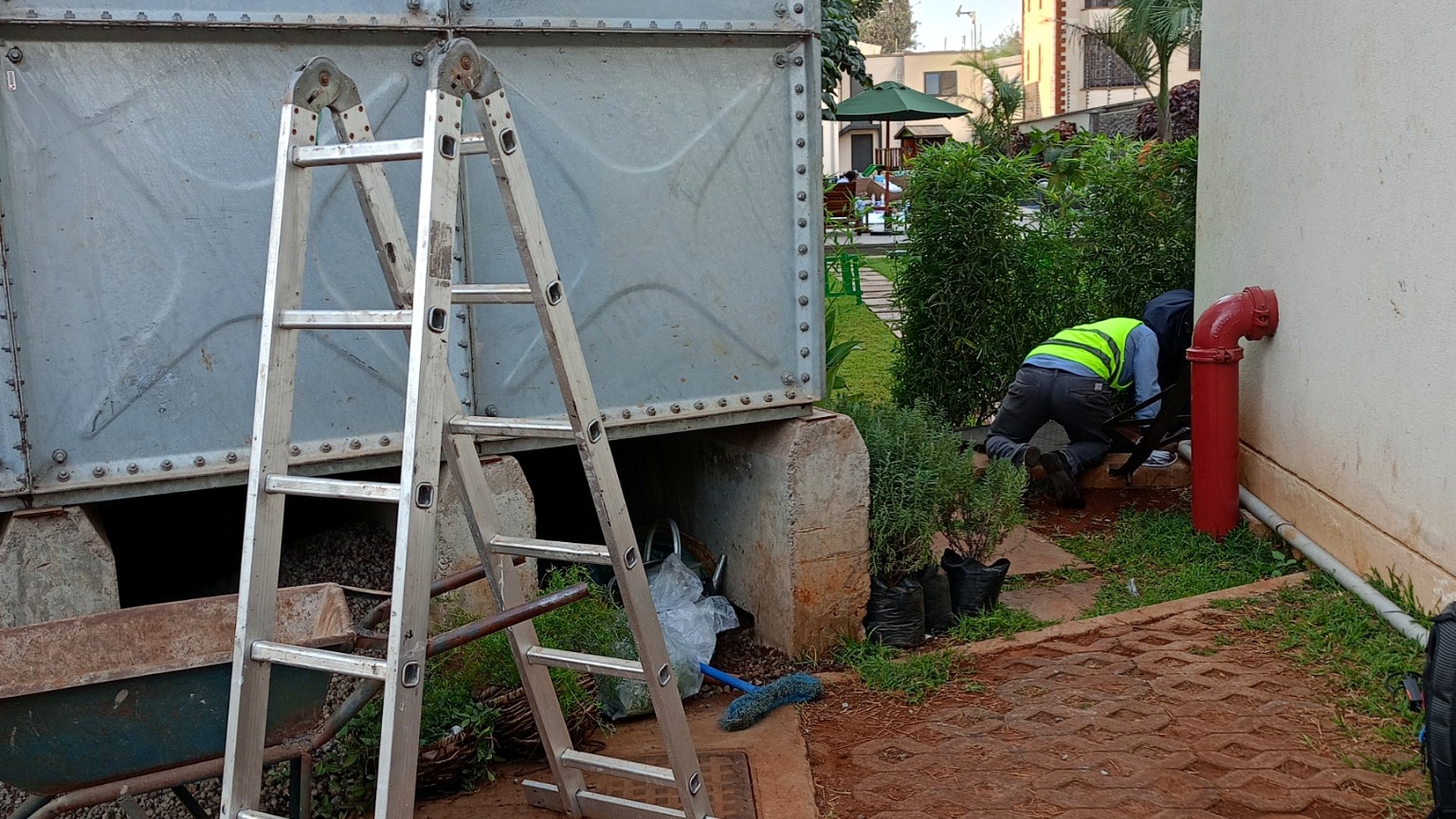 Water tank installation site with piping infrastructure at Somerset